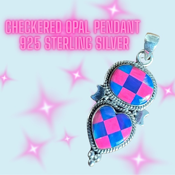 NEW Checkered Blue Opal Crescent Double Pendant 925 Sterling Silver Stamped ✨ - Picture 1 of 2